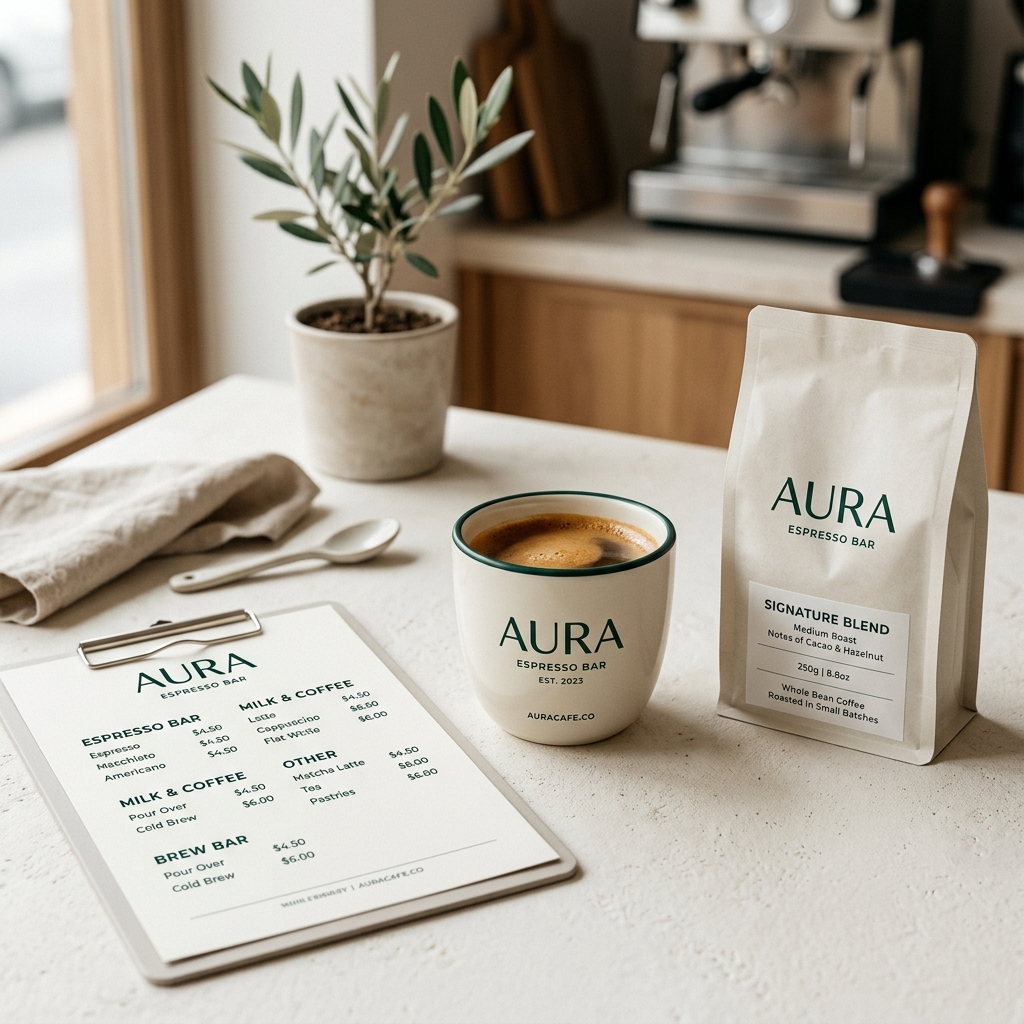 Aura Espresso Bar specialty cafe branding presentation showing cups and menus