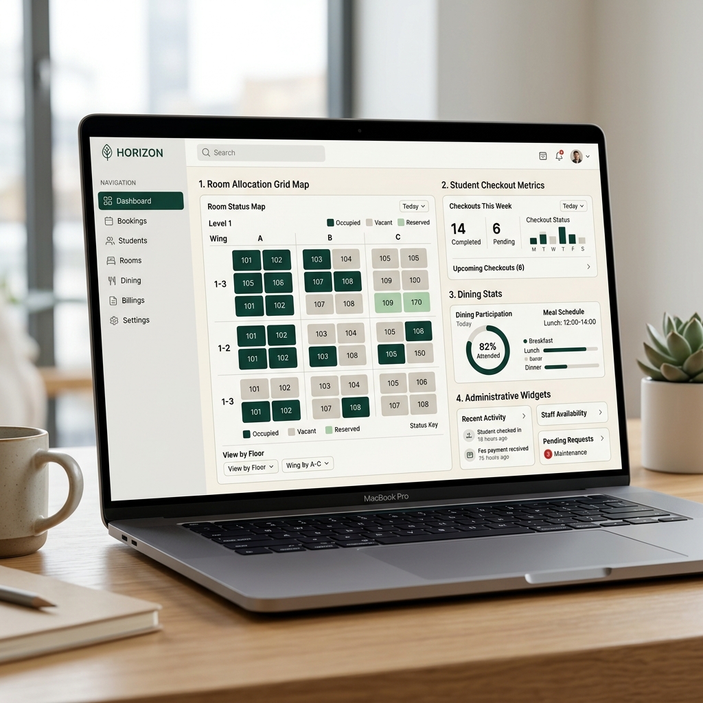 Hostel management application dashboard for Horizon Institute of Technology on laptop screen