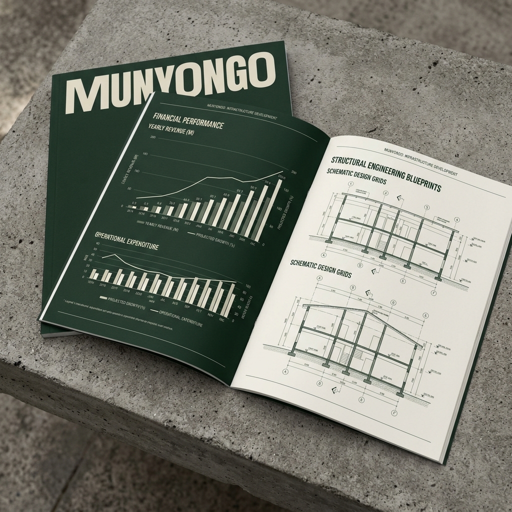 Munyongo engineering and financial print layout showing structural blueprints and charts